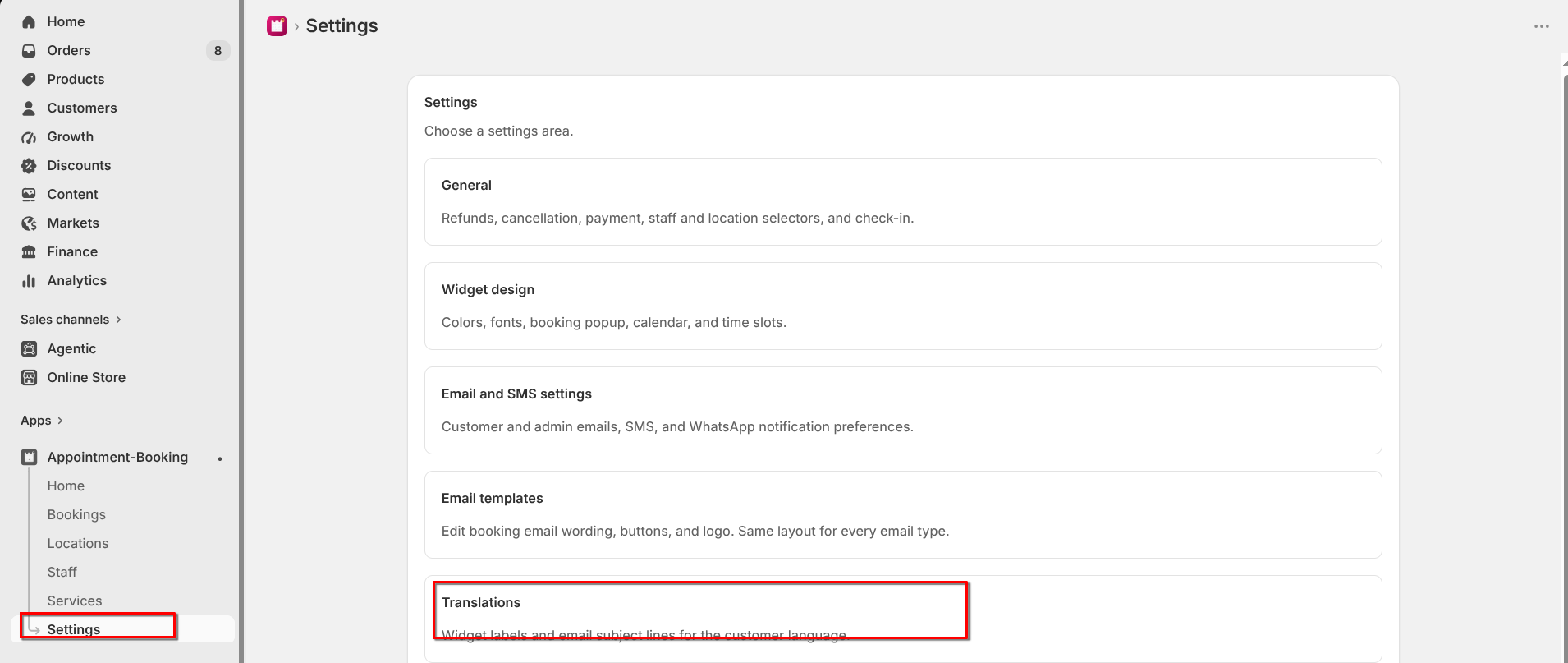 Settings page with the "Translations" tile highlighted, described as "Widget labels and email subject lines for the customer language"
